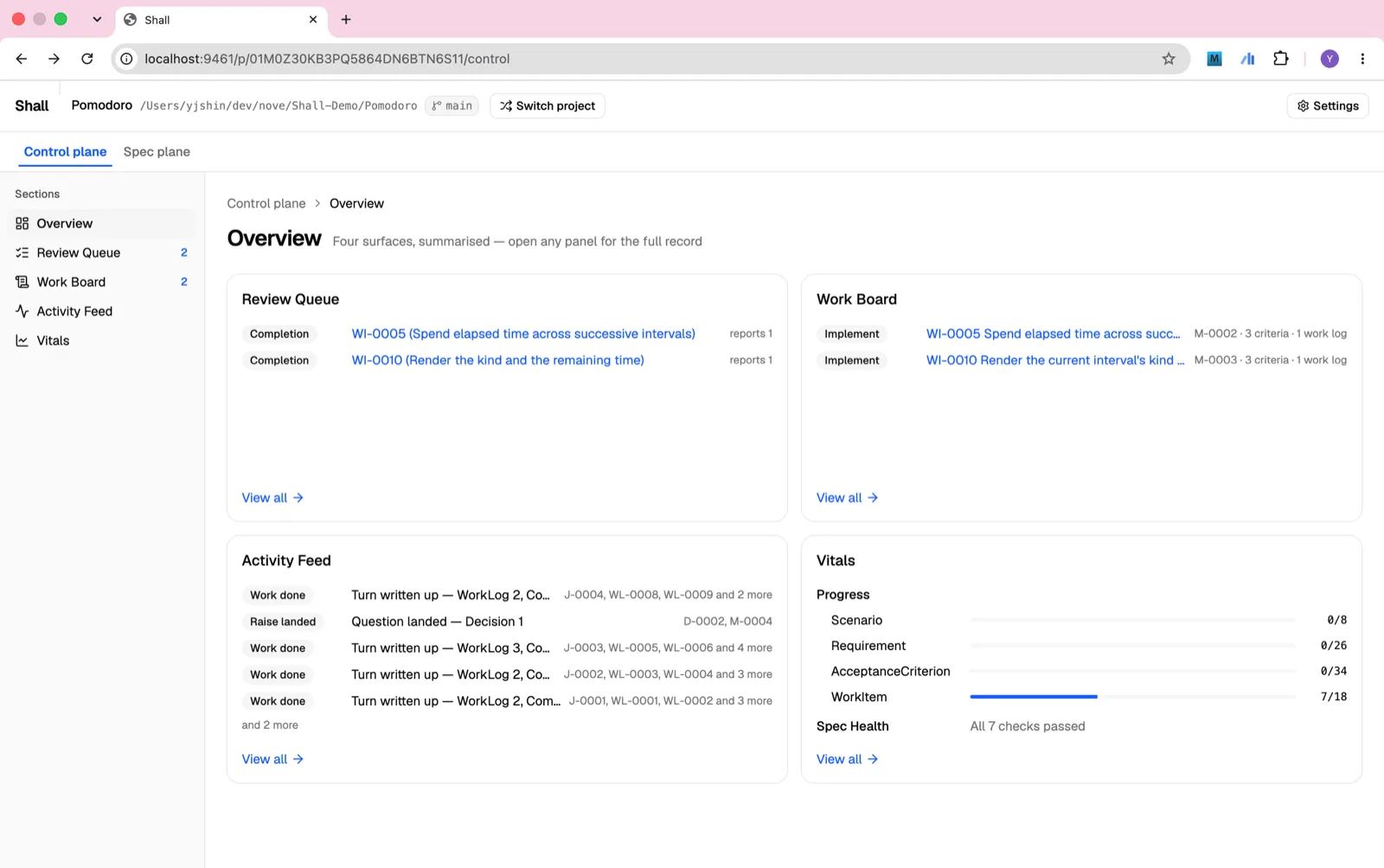 The Control plane — review queue, board, feed and vitals in one place
